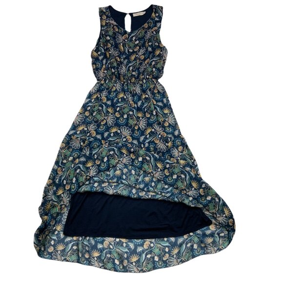 Lara Guidotti Dress L Navy Blue Floral Sleeveless Ruffle Midi Silk Blend Italy - Picture 12 of 12